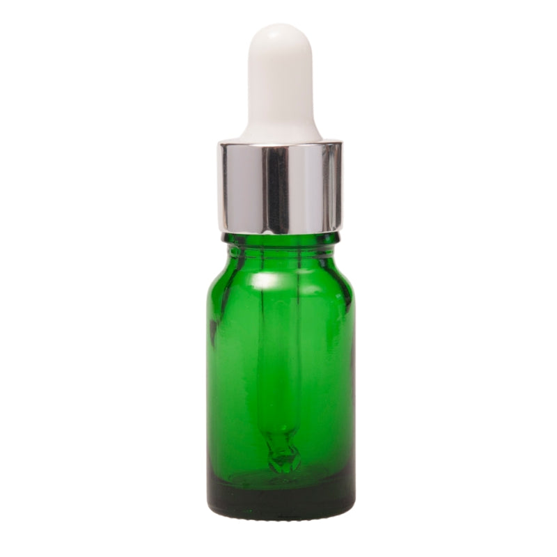 10ml Green Glass Aromatherapy Bottle with Pipette - White & Silver Collar (18/60)