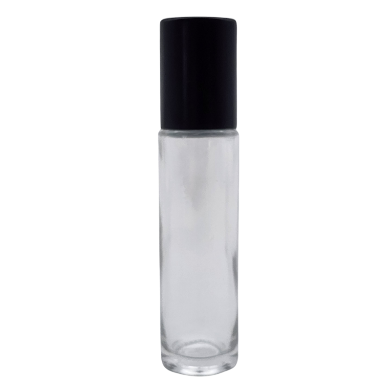 10ml Clear Glass Roll On Bottle with Black Aluminium Cap & Glass Ball