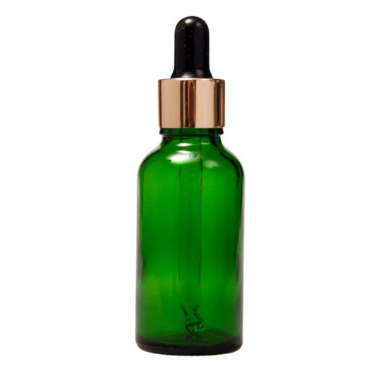 30ml Green Glass Aromatherapy Bottle with Pipette - Black & Gold Collar (18/78)