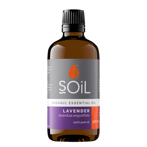 Bottle of Soil lavender essential oil on a white background
