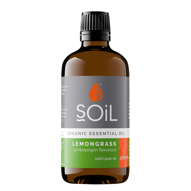 Bottle of Soil Lemongrass essential oil on a white background