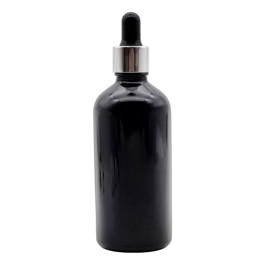 100ml Black Glass Aromatherapy Bottle with Pipette - Black & Silver Collar (18/110)