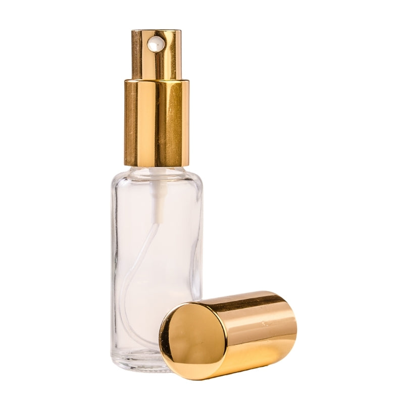 25ml Clear Glass Perfume Bottle With Mist Pump Gold With Gold Cap Essentially Natural