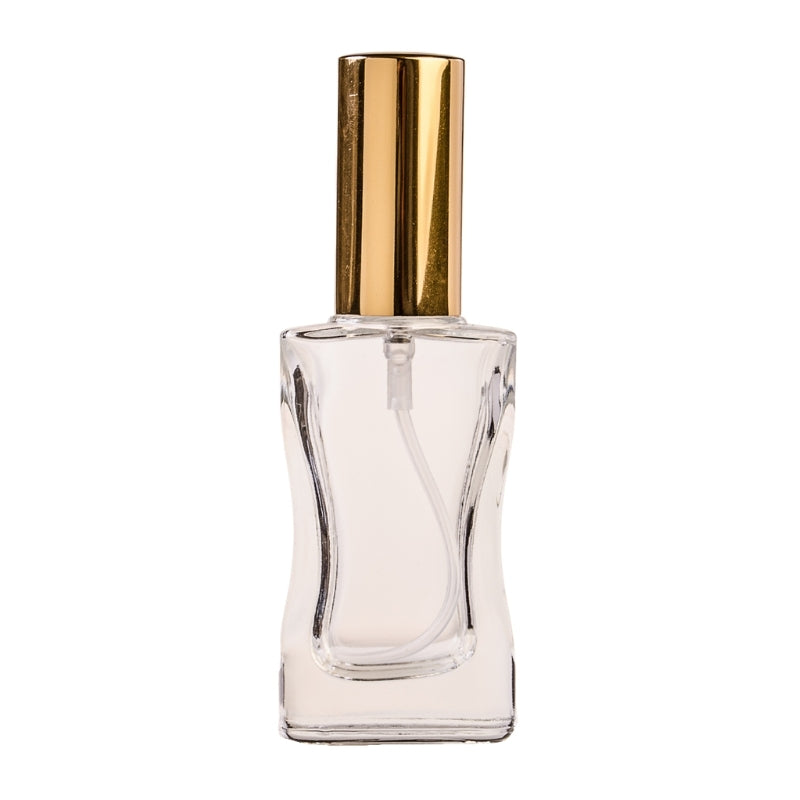 30ml Clear Glass Square Curved Perfume Bottle with White Spray & Gold Cap (18/410)