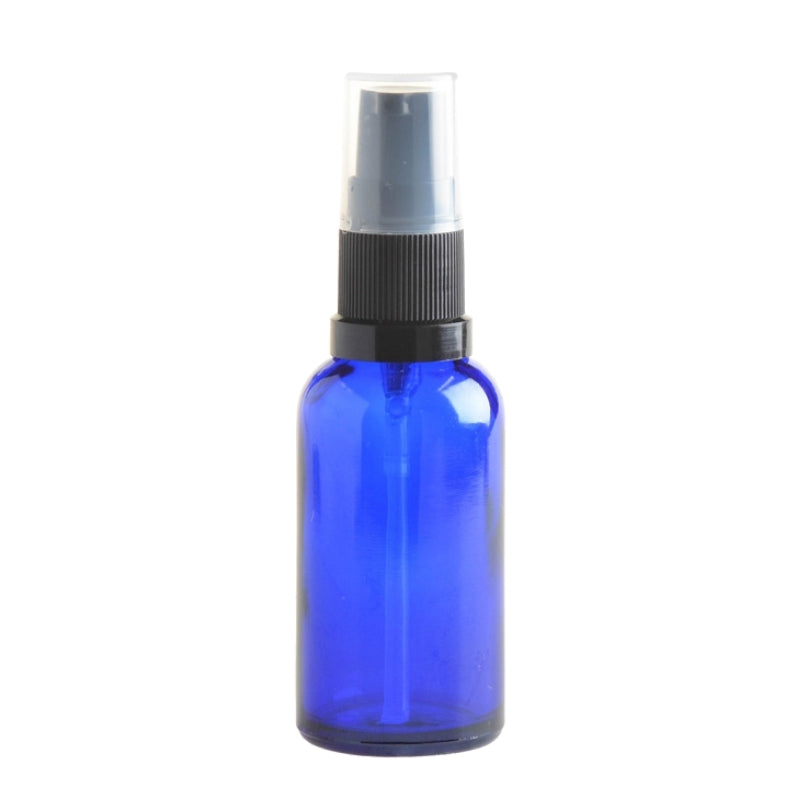30ml Blue Glass Aromatherapy Bottle with Serum Pump - Black (18/410) - Essentially Natural