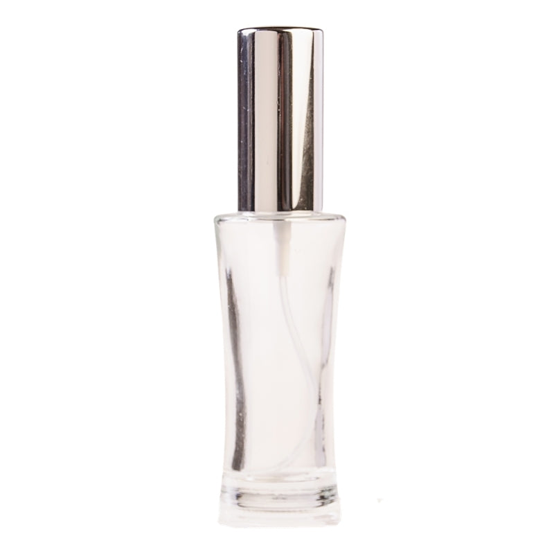 30ml Clear Glass Round Curved Perfume Bottle with Silver Spray & Silver Cap (18/410)