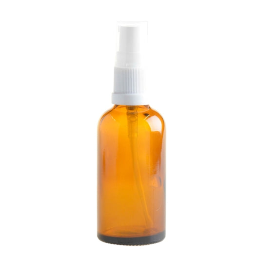 50ml Amber Glass Aromatherapy Bottle with Serum Pump - White (18/410) - Essentially Natural