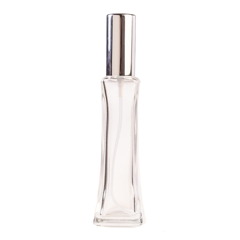 50ml Clear Glass Square Base Curved Perfume Bottle with Silver Spray & Silver Cap (18/410)