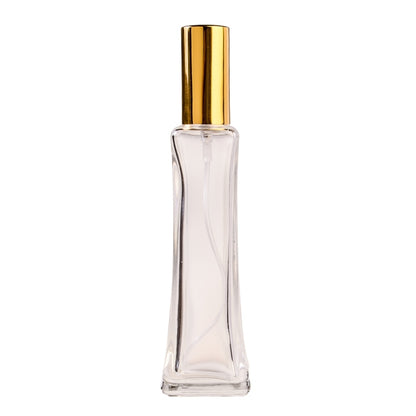 50ml Clear Glass Square Base Curved Perfume Bottle with White Spray & Gold Cap (18/410)