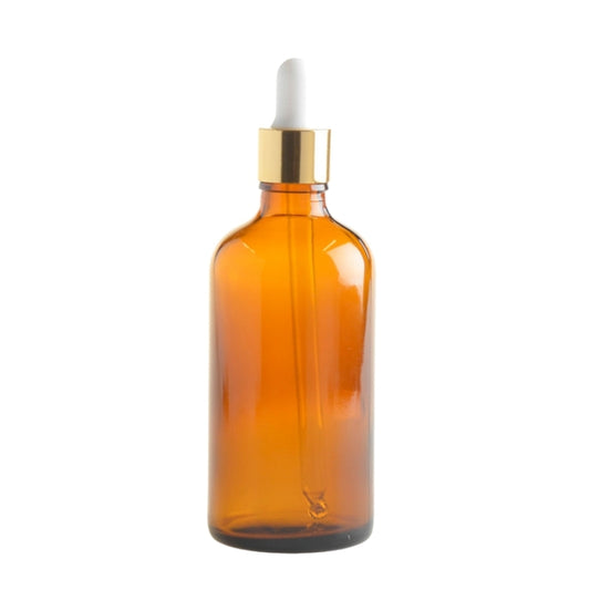 100ml Amber Glass Aromatherapy Bottle with Pipette - White & Gold Collar (18/110) - Essentially Natural