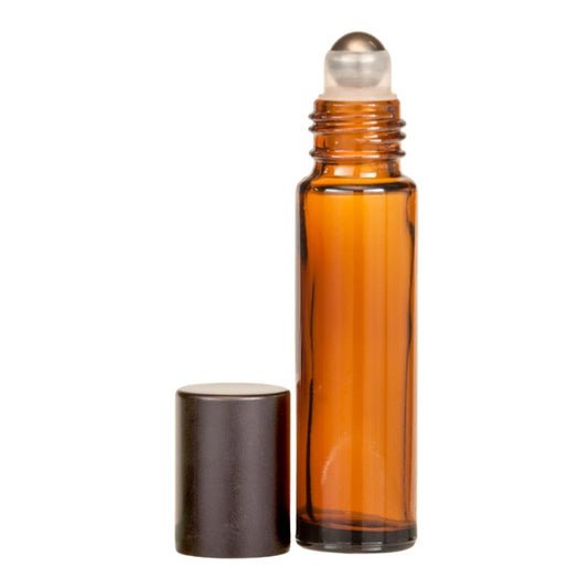10ml Amber Glass Roll On Bottle with Black Aluminium Cap & Metal Ball