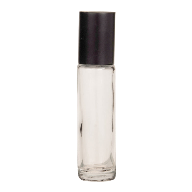 10ml Clear Glass Roll On Bottle with Black Aluminium Cap & Metal Ball