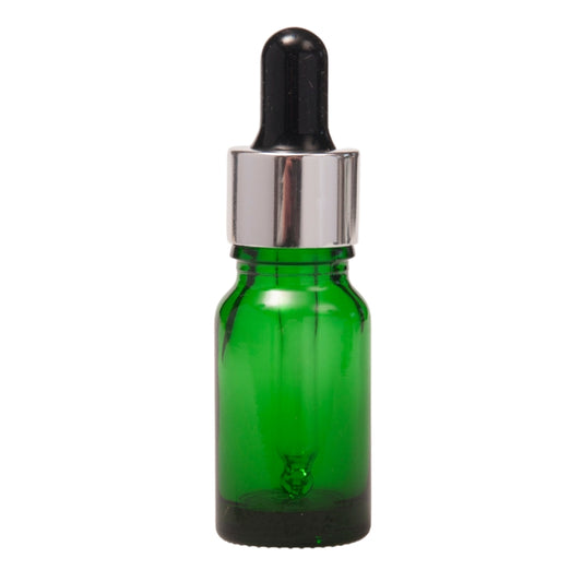 10ml Green Glass Aromatherapy Bottle with Pipette - Black & Silver Collar (18/60)