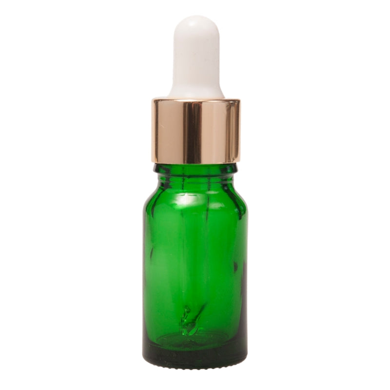 10ml Green Glass Aromatherapy Bottle with Pipette - White & Gold Collar (18/60)