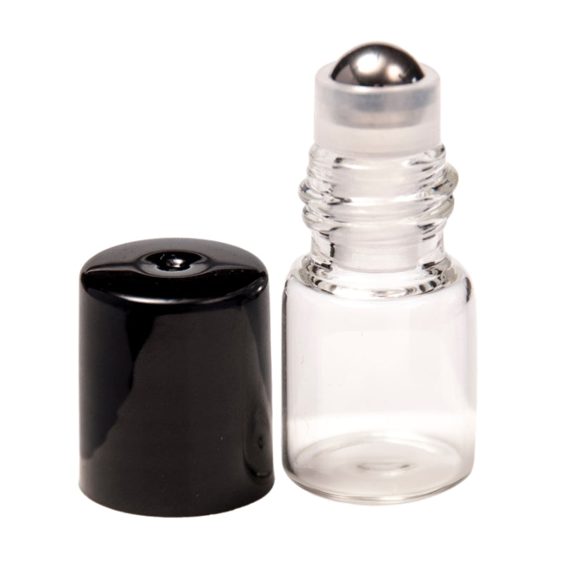 2ml Clear Glass Roll On Bottle & Black Cap & Metal Ball