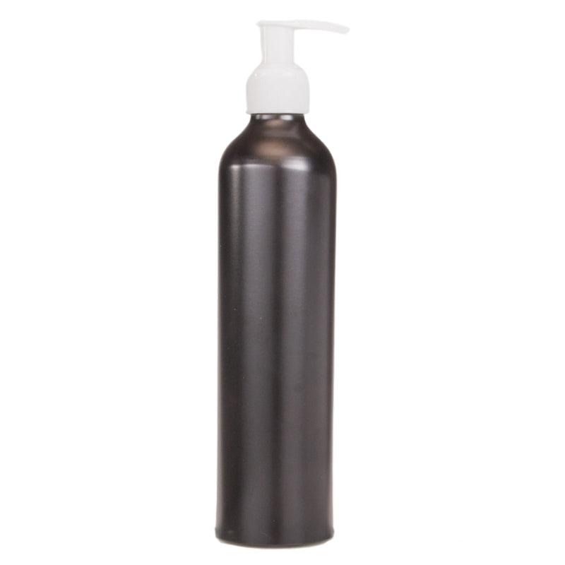 300ml Black Aluminium Bottle with LDPE Pump Dispenser - White (24/410)