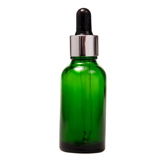 30ml Green Glass Aromatherapy Bottle with Pipette - Black & Silver Collar (18/78)