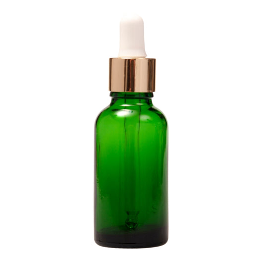 30ml Green Glass Aromatherapy Bottle with Pipette - White & Gold Collar (18/78)