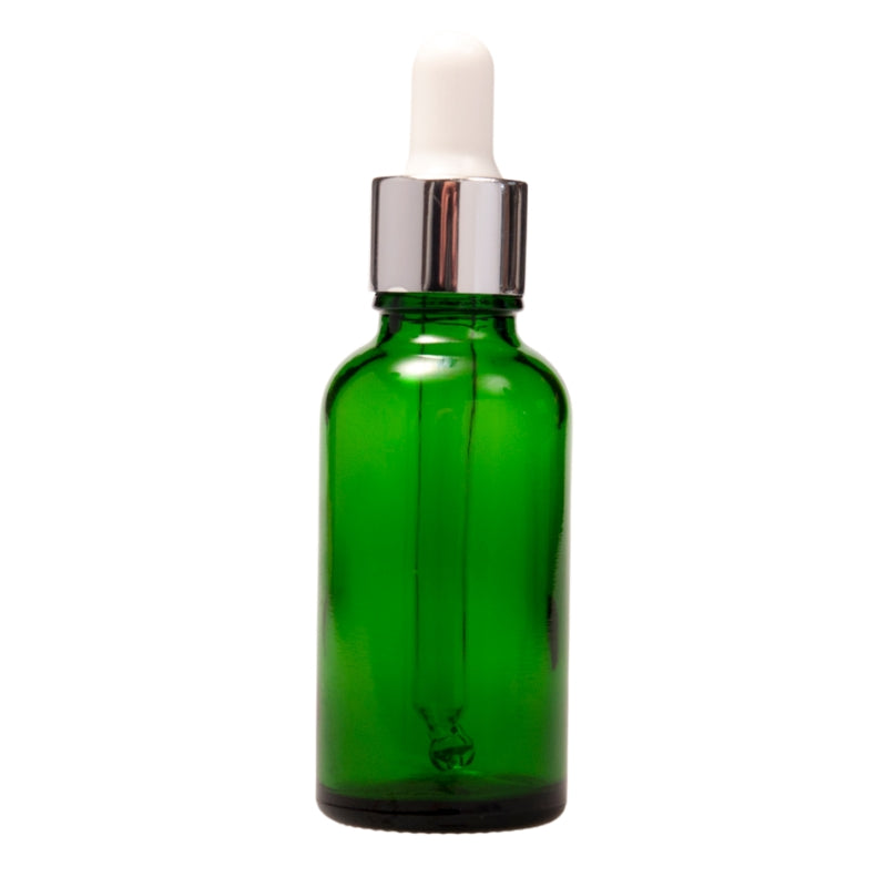 30ml Green Glass Aromatherapy Bottle with Pipette - White & Silver Collar (18/78)