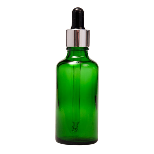 50ml Green Glass Aromatherapy Bottle with Pipette - Black & Silver Collar (18/89)