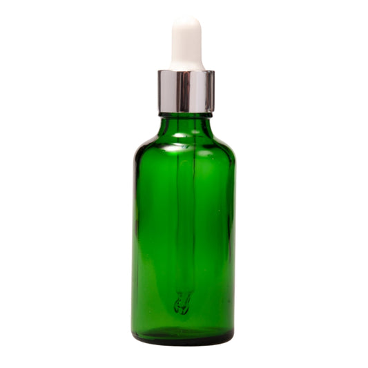 50ml Green Glass Aromatherapy Bottle with Pipette - White & Silver Collar (18/89)