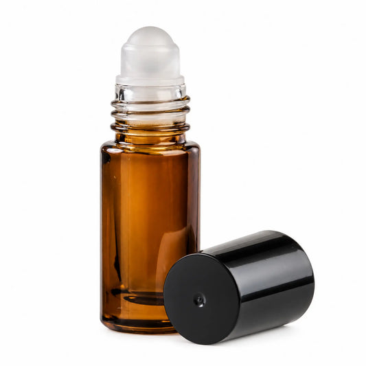 5ml Amberised Glass Roll On Bottle with Black Cap & Glass Ball