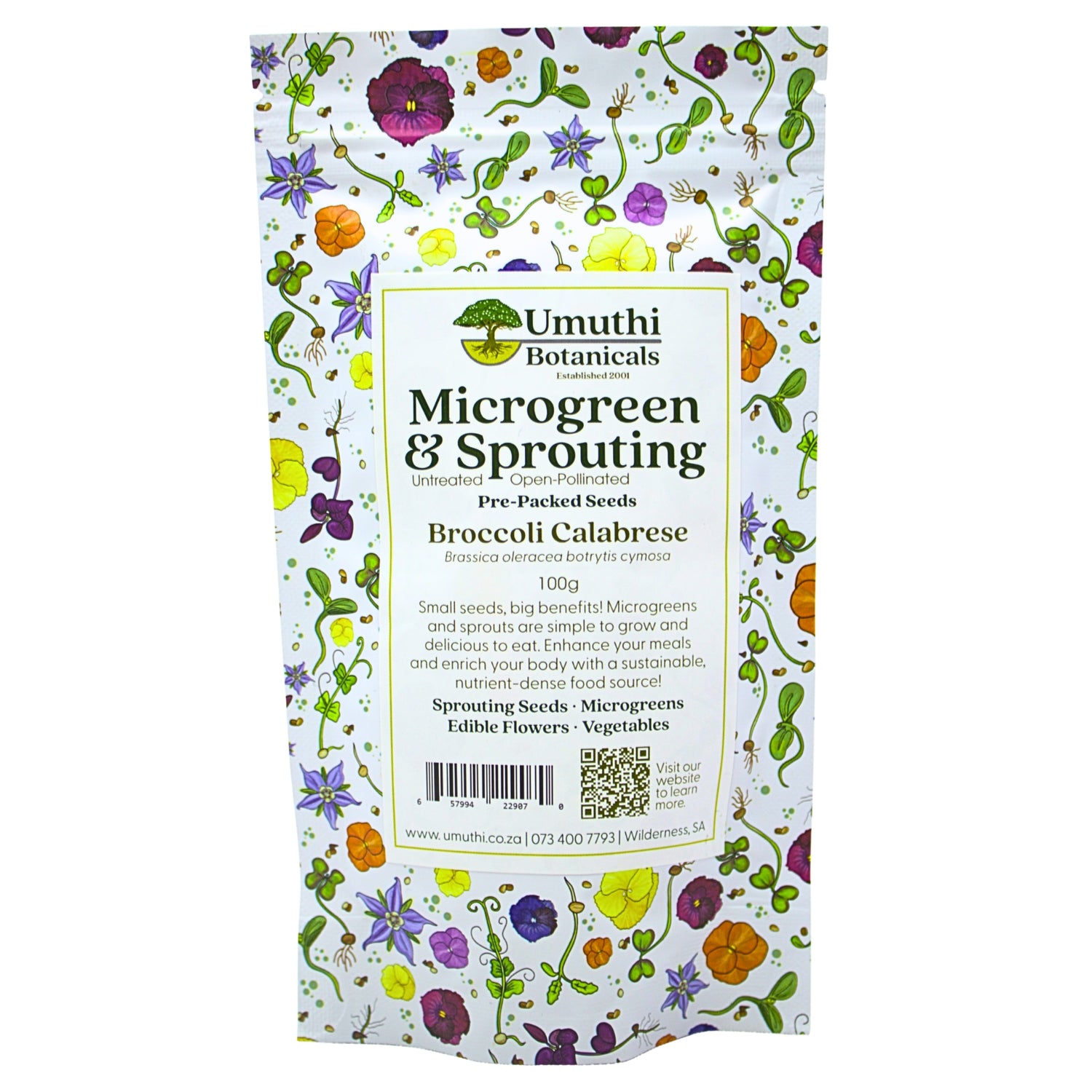A stand-up pouch of Umuthi Botanicals Microgreen & Sprouting Broccoli Calabrese pre-packaged seeds, featuring a white background with a colorful pattern of small green, purple, and orange flowers, and a central white label with black text.