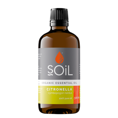 Bottle of Soil Citronella organic essential oil on a white background