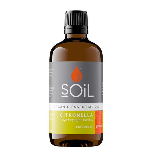 Bottle of Soil Citronella organic essential oil on a white background