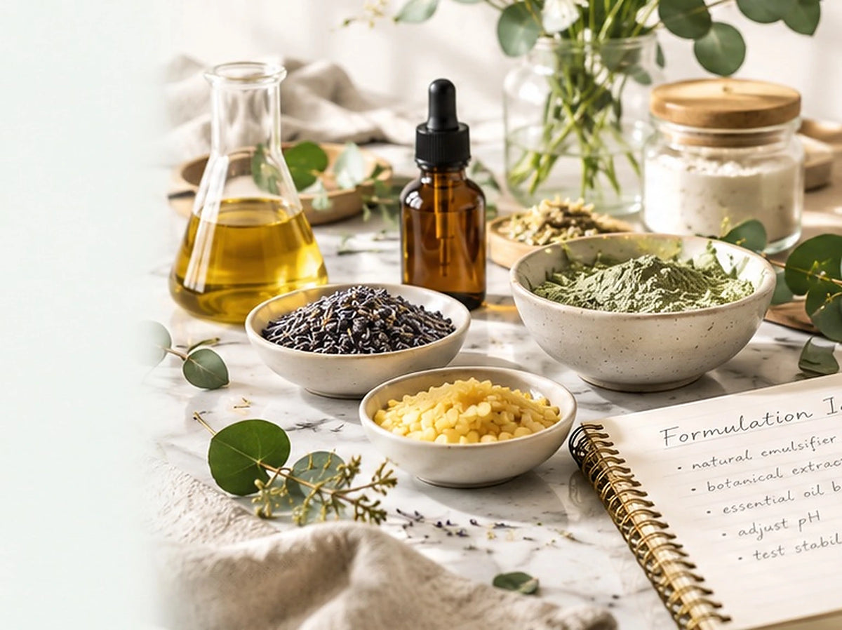 Natural formulation workspace with botanical ingredients, glassware and an open notebook