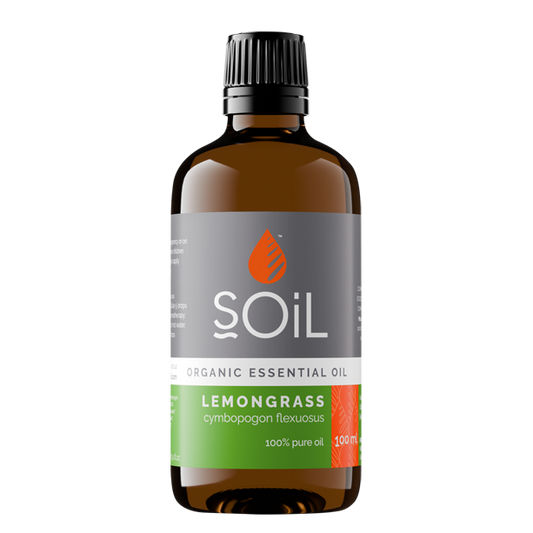 Bottle of Soil Lemongrass essential oil on a white background