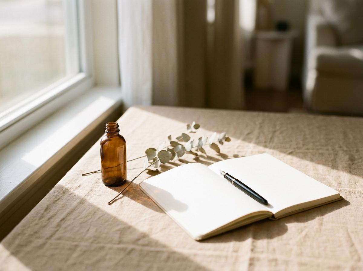 Sunlit notebook, pen, botanicals and amber glass bottle on Ruth Elston's writing desk