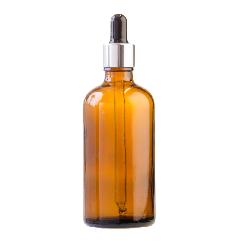 100ml Amber Glass Aromatherapy Bottle with Pipette - Black & Silver Collar (18/110)