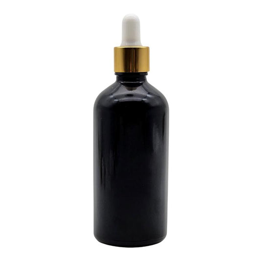 100ml Black Glass Aromatherapy Bottle with Pipette - White & Gold Collar (18/110)