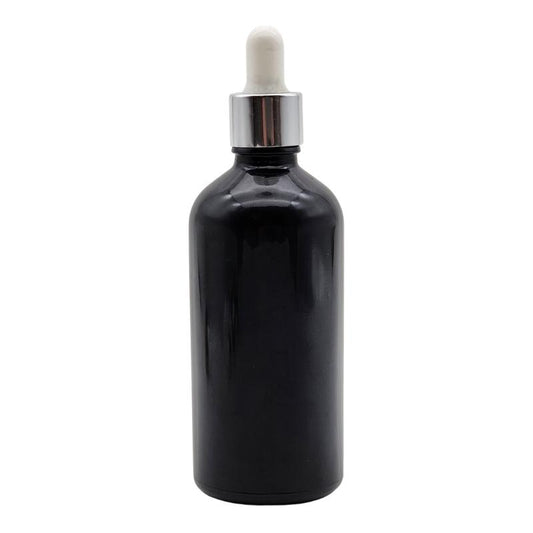 100ml Black Glass Aromatherapy Bottle with Pipette - White & Silver Collar (18/110)
