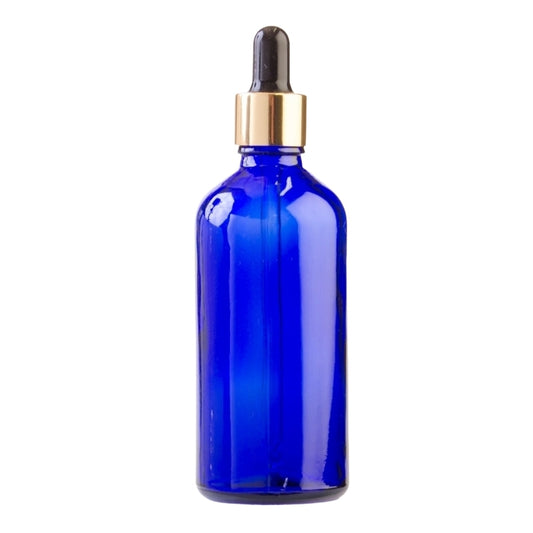100ml Blue Glass Aromatherapy Bottle with Pipette - Black & Gold Collar (18/110)