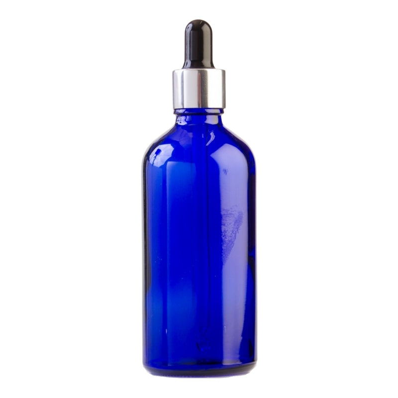 100ml Blue Glass Aromatherapy Bottle with Pipette - Black & Silver Collar (18/110)