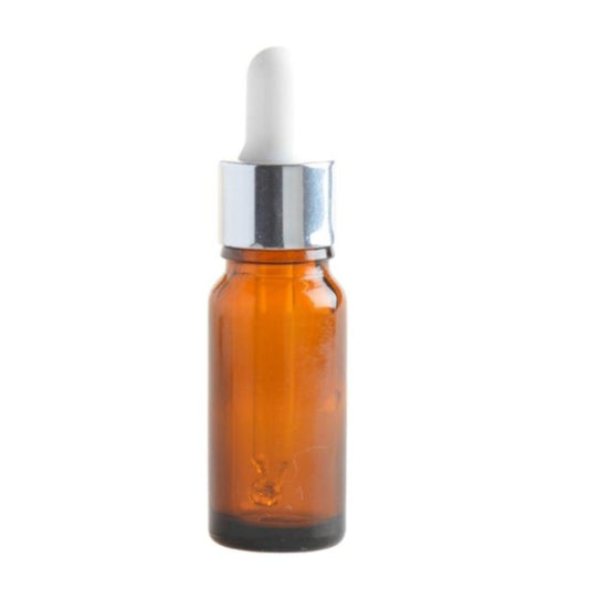 10ml Amber Glass Aromatherapy Bottle with White & Silver Collar Pipette (18/62) - Essentially Natural