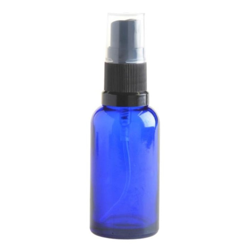 30ml Blue Glass Aromatherapy Bottle with Spritzer - Black (18/410) - Essentially Natural