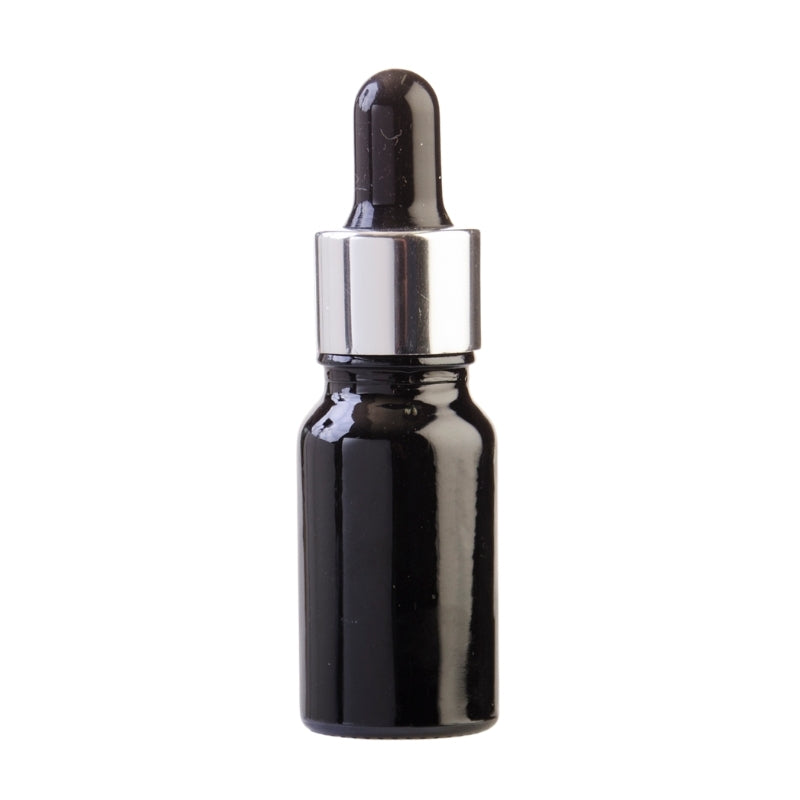 10ml Black Glass Aromatherapy Bottle with Pipette - Black & Silver Collar (18/60)