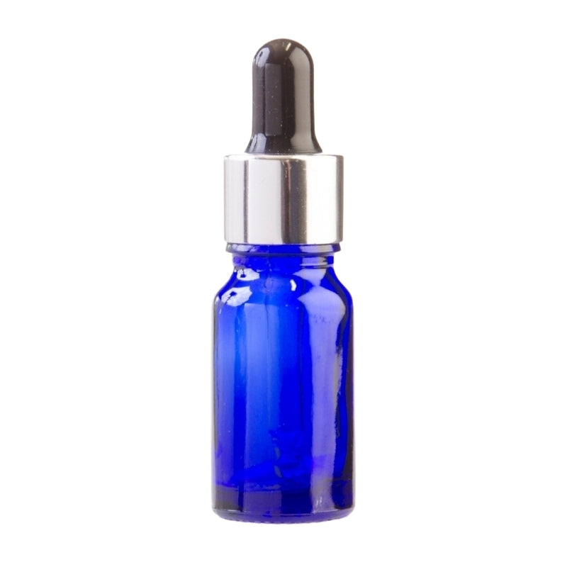 10ml Blue Glass Aromatherapy Bottle with Pipette - Black & Silver Collar (18/60)