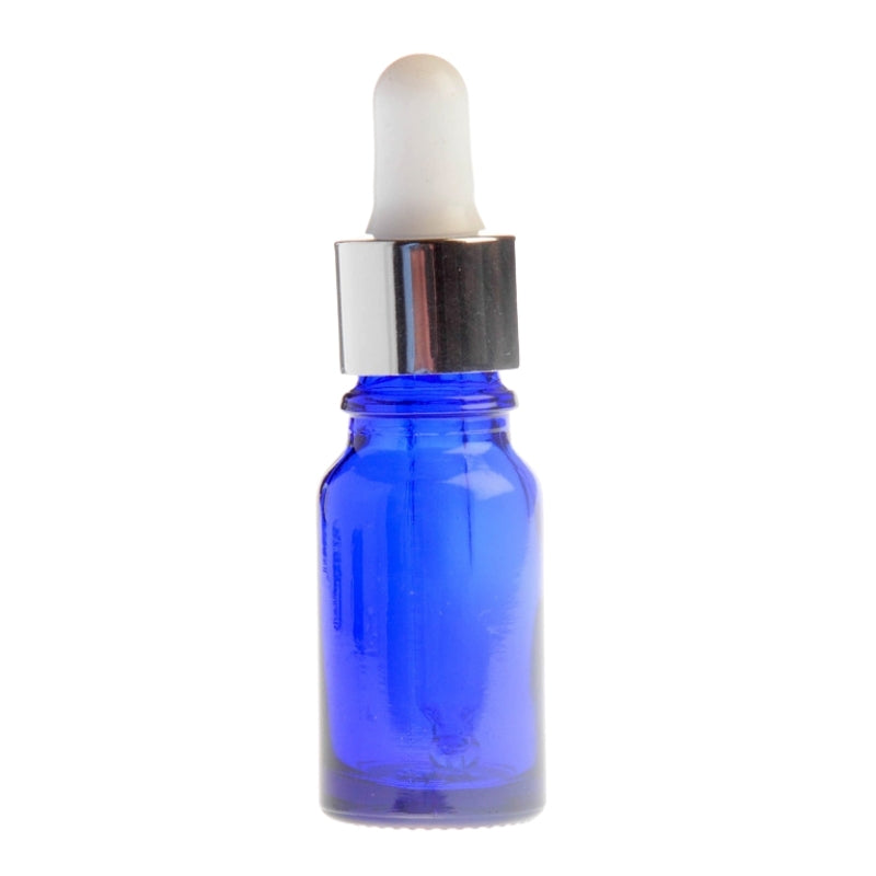 10ml Blue Glass Aromatherapy Bottle with Pipette - White & Silver Collar (18/60)