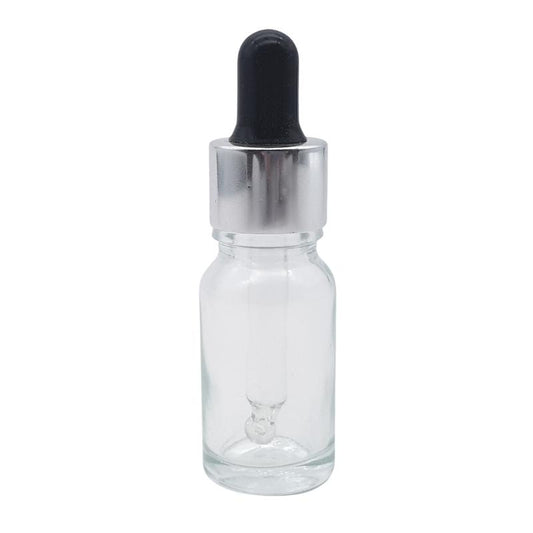 10ml Clear Glass Aromatherapy Bottle with Pipette - Black & Silver Collar (18/60)