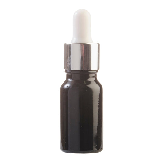 10ml Black Glass Aromatherapy Bottle with Pipette - White & Silver Collar (18/60)