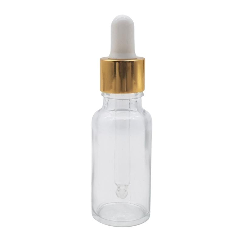 20ml Clear Glass Aromatherapy Bottle with Pipette - White & Gold Collar (18/69)