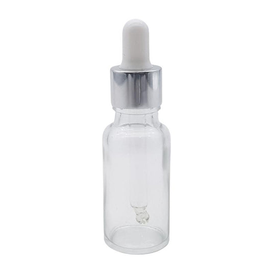20ml Clear Glass Aromatherapy Bottle with Pipette - White & Silver Collar (18/69)