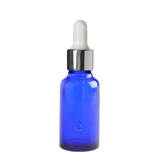 20ml Blue Glass Aromatherapy Bottle with Pipette - White & Silver Collar (18/69)