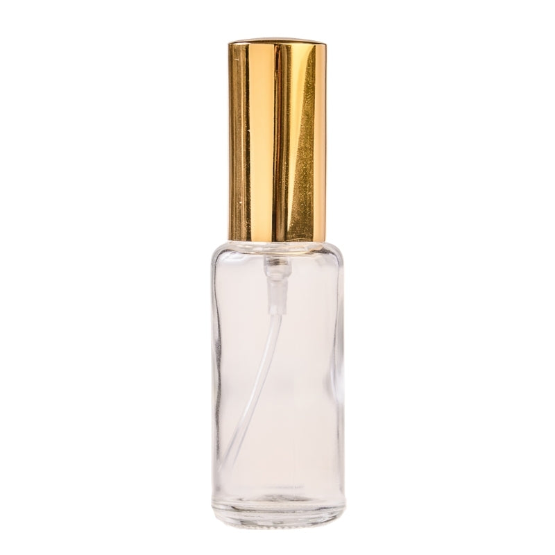 25ml Clear Glass Round Perfume Bottle with White Spray & Gold Cap (18/410)