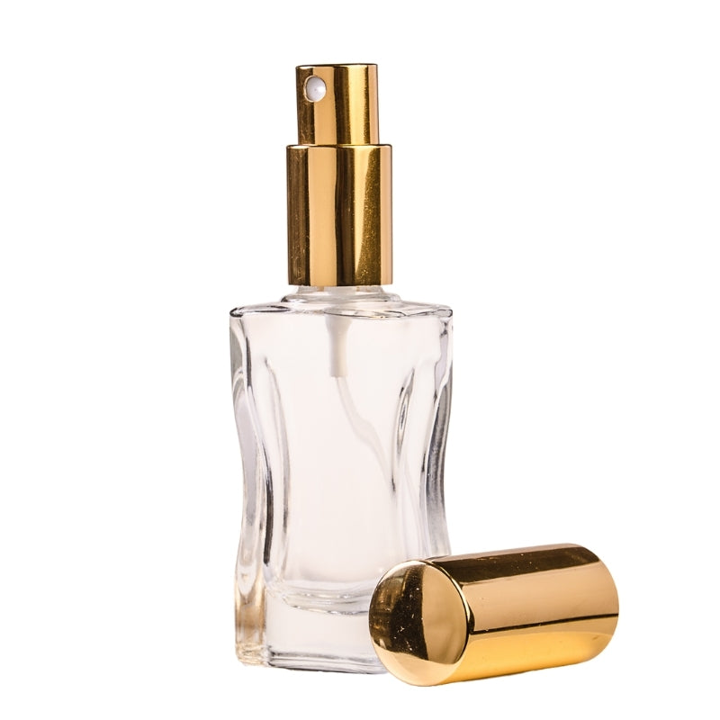 30ml Clear Glass Square Curved Perfume Bottle with Gold Spray & Gold Cap (18/410)