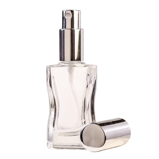 30ml Clear Glass Square Curved Perfume Bottle with Silver Spray & Silver Cap (18/410)